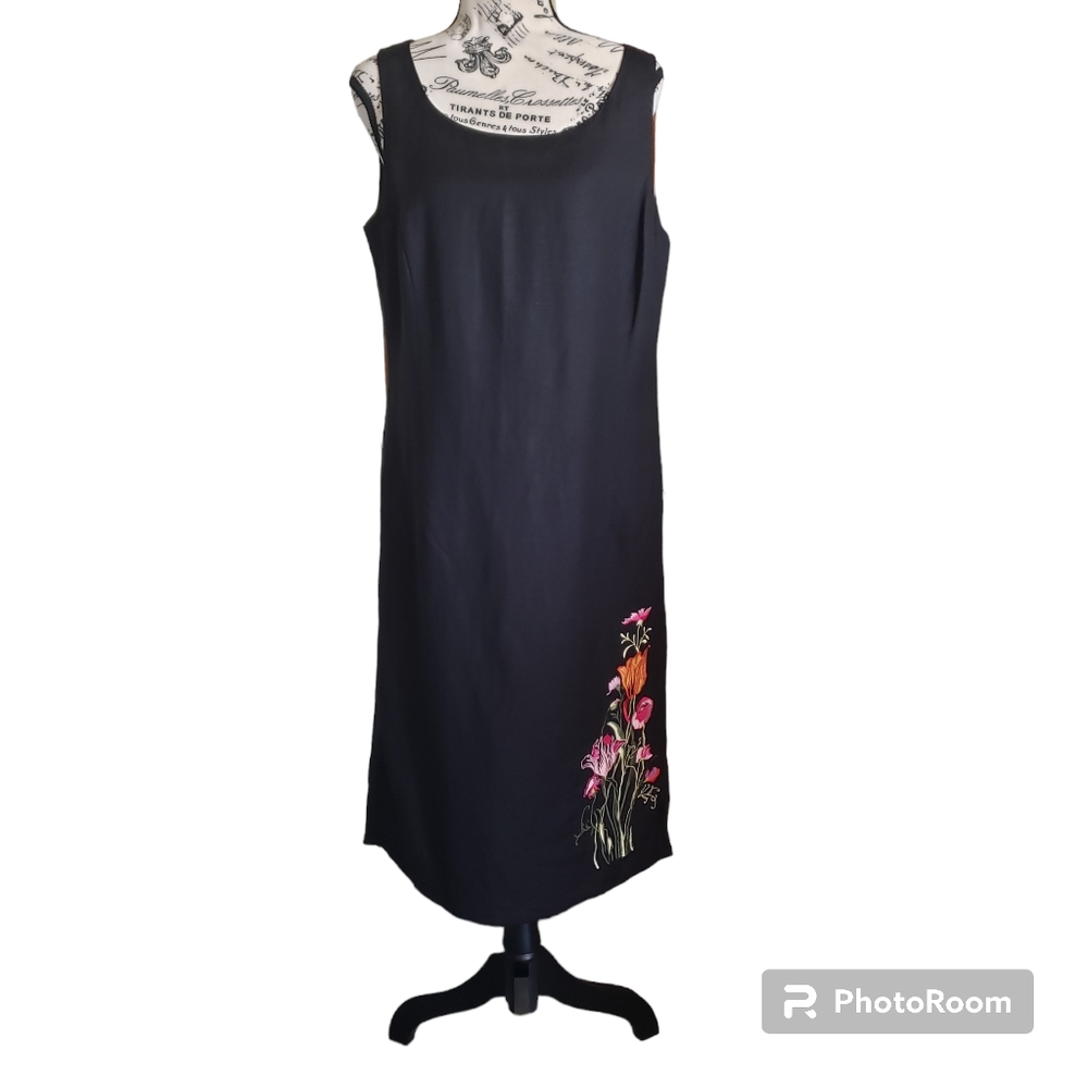 Trousers etc womens black womens linen blend dress with embroidered floral